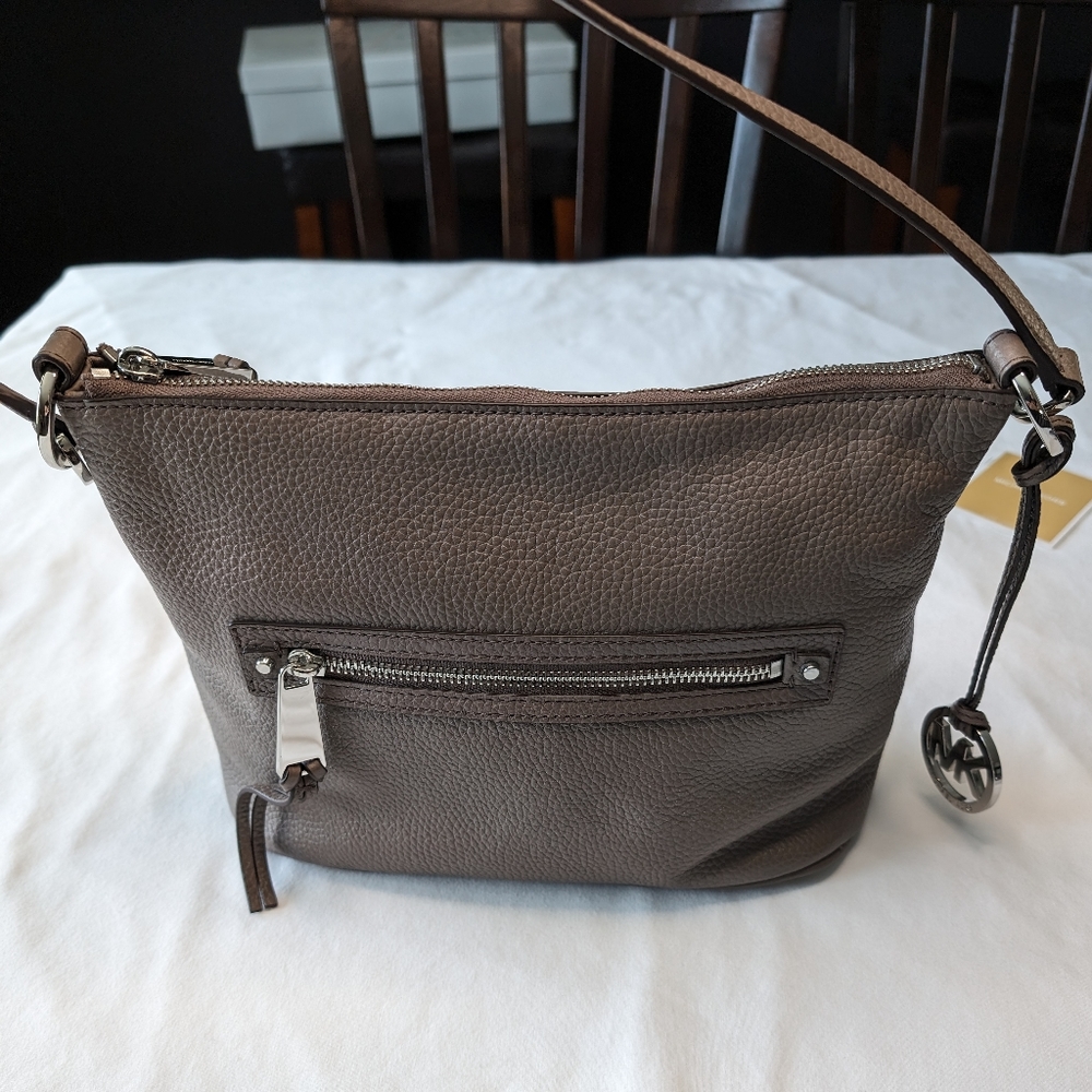 Michael Kors Gray Leather Crossbody Handbag with silver accents
